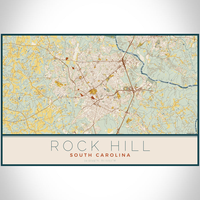 Rock Hill South Carolina Map Print Landscape Orientation in Woodblock Style With Shaded Background