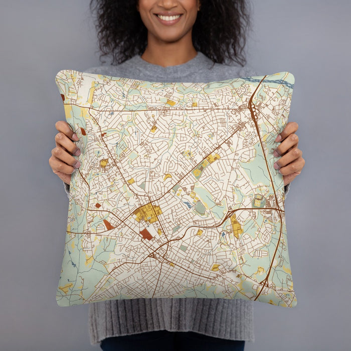Person holding 18x18 Custom Rock Hill South Carolina Map Throw Pillow in Woodblock