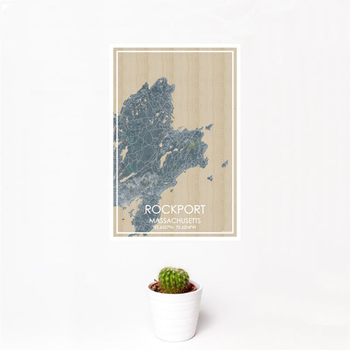 12x18 Rockport Massachusetts Map Print Portrait Orientation in Afternoon Style With Small Cactus Plant in White Planter
