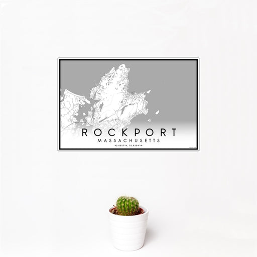 12x18 Rockport Massachusetts Map Print Landscape Orientation in Classic Style With Small Cactus Plant in White Planter