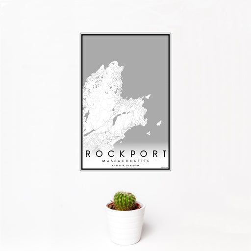 12x18 Rockport Massachusetts Map Print Portrait Orientation in Classic Style With Small Cactus Plant in White Planter
