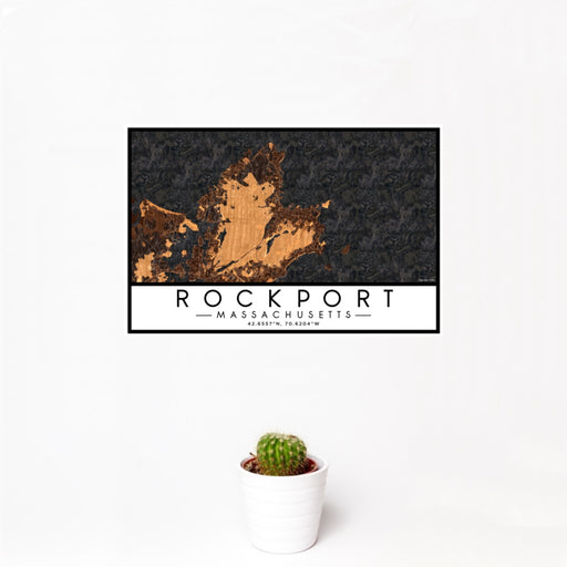 12x18 Rockport Massachusetts Map Print Landscape Orientation in Ember Style With Small Cactus Plant in White Planter