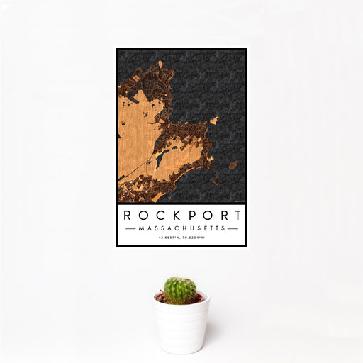 12x18 Rockport Massachusetts Map Print Portrait Orientation in Ember Style With Small Cactus Plant in White Planter