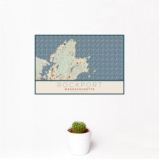 12x18 Rockport Massachusetts Map Print Landscape Orientation in Woodblock Style With Small Cactus Plant in White Planter