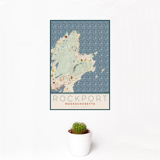 12x18 Rockport Massachusetts Map Print Portrait Orientation in Woodblock Style With Small Cactus Plant in White Planter