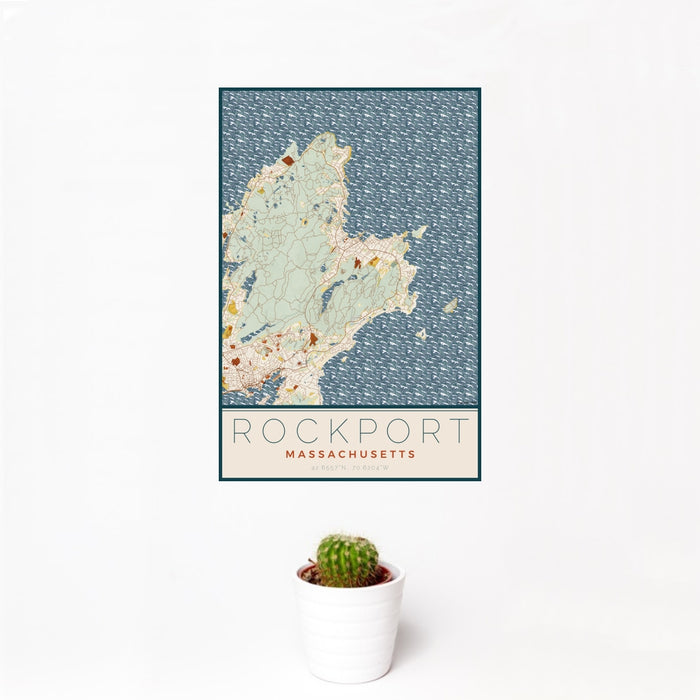 12x18 Rockport Massachusetts Map Print Portrait Orientation in Woodblock Style With Small Cactus Plant in White Planter