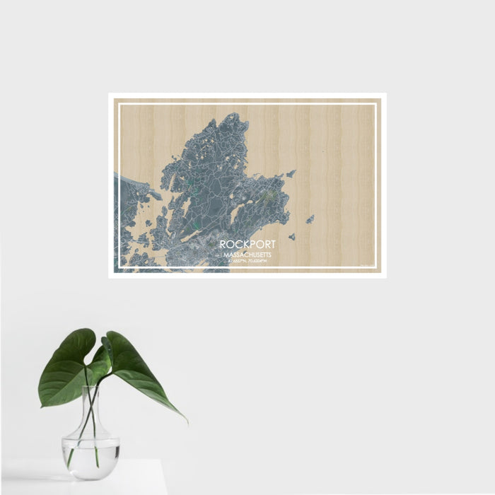 16x24 Rockport Massachusetts Map Print Landscape Orientation in Afternoon Style With Tropical Plant Leaves in Water