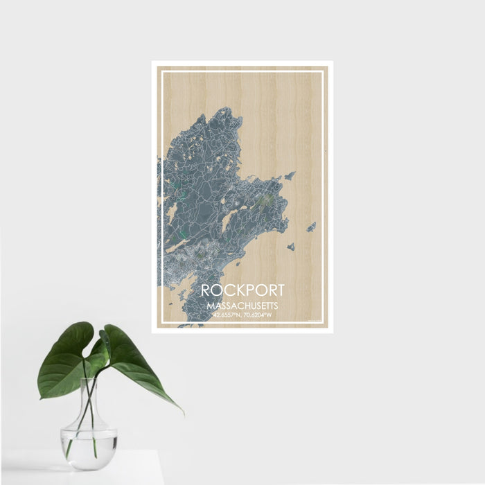 16x24 Rockport Massachusetts Map Print Portrait Orientation in Afternoon Style With Tropical Plant Leaves in Water