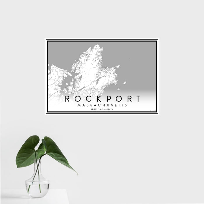 16x24 Rockport Massachusetts Map Print Landscape Orientation in Classic Style With Tropical Plant Leaves in Water