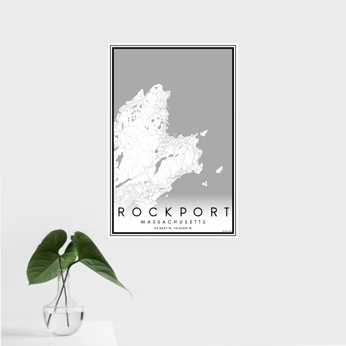 16x24 Rockport Massachusetts Map Print Portrait Orientation in Classic Style With Tropical Plant Leaves in Water