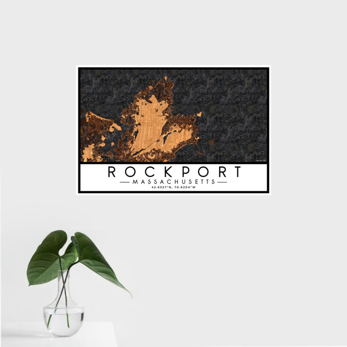 16x24 Rockport Massachusetts Map Print Landscape Orientation in Ember Style With Tropical Plant Leaves in Water