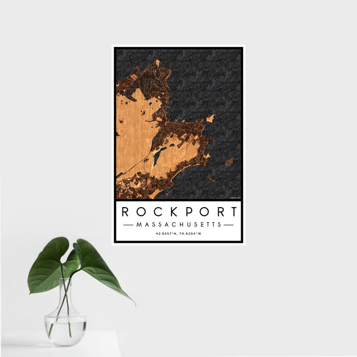 16x24 Rockport Massachusetts Map Print Portrait Orientation in Ember Style With Tropical Plant Leaves in Water