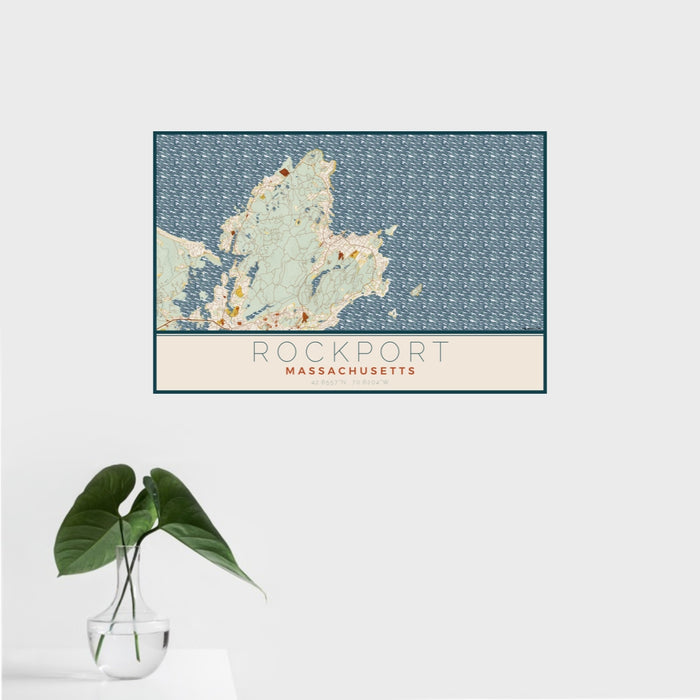 16x24 Rockport Massachusetts Map Print Landscape Orientation in Woodblock Style With Tropical Plant Leaves in Water