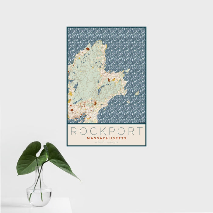 16x24 Rockport Massachusetts Map Print Portrait Orientation in Woodblock Style With Tropical Plant Leaves in Water