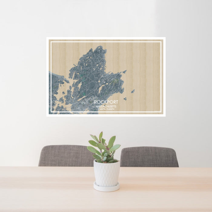24x36 Rockport Massachusetts Map Print Lanscape Orientation in Afternoon Style Behind 2 Chairs Table and Potted Plant
