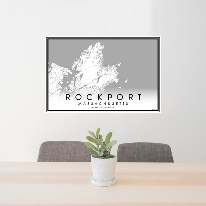 24x36 Rockport Massachusetts Map Print Lanscape Orientation in Classic Style Behind 2 Chairs Table and Potted Plant