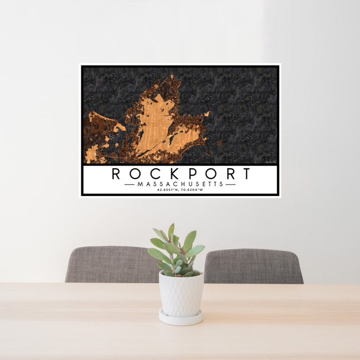 24x36 Rockport Massachusetts Map Print Lanscape Orientation in Ember Style Behind 2 Chairs Table and Potted Plant