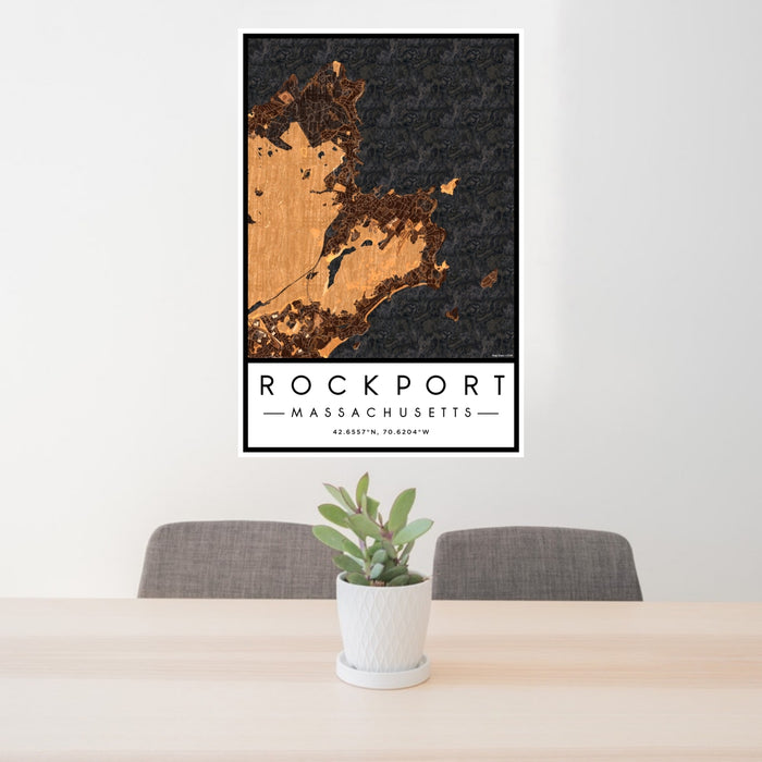 24x36 Rockport Massachusetts Map Print Portrait Orientation in Ember Style Behind 2 Chairs Table and Potted Plant
