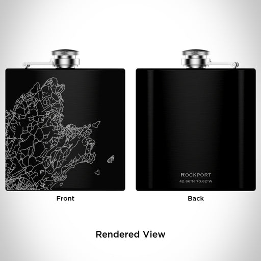 Rendered View of Rockport Massachusetts Map Engraving on 6oz Stainless Steel Flask in Black