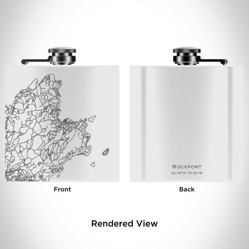 Rendered View of Rockport Massachusetts Map Engraving on 6oz Stainless Steel Flask in White