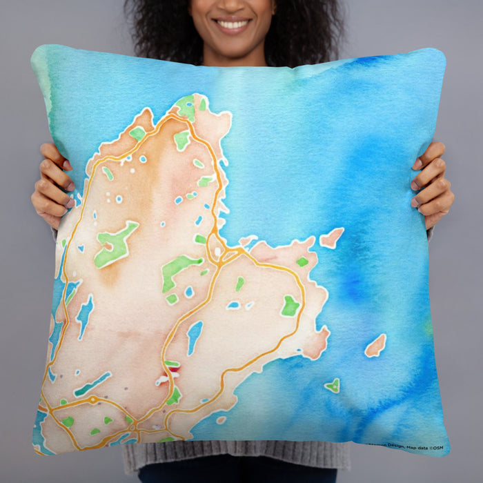 Person holding 22x22 Custom Rockport Massachusetts Map Throw Pillow in Watercolor
