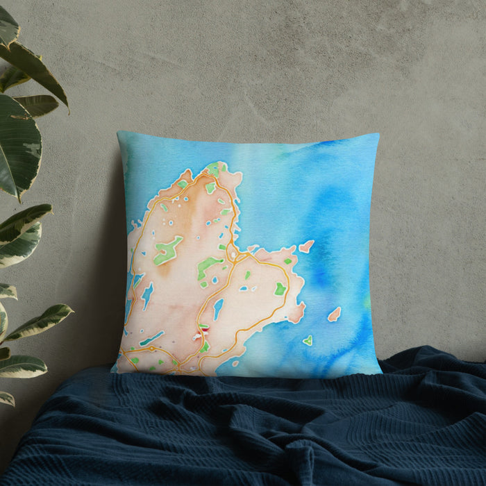 Custom Rockport Massachusetts Map Throw Pillow in Watercolor on Bedding Against Wall