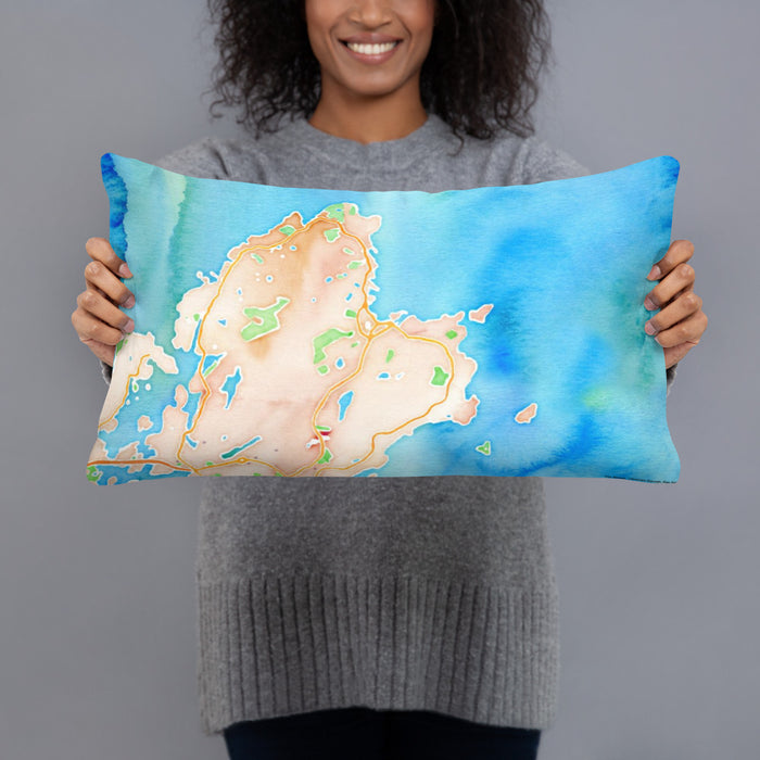 Person holding 20x12 Custom Rockport Massachusetts Map Throw Pillow in Watercolor