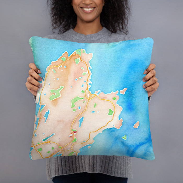 Person holding 18x18 Custom Rockport Massachusetts Map Throw Pillow in Watercolor
