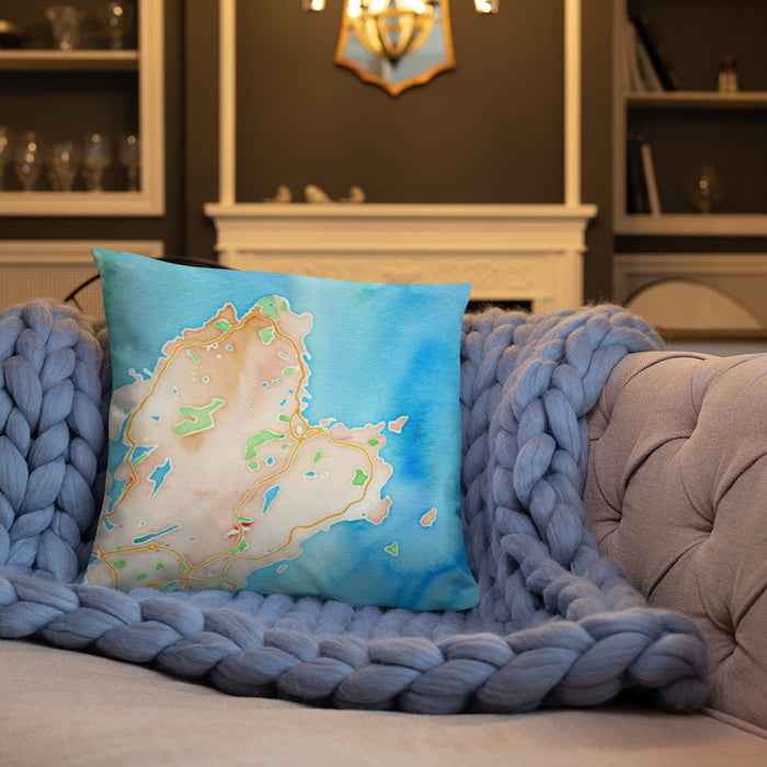Custom Rockport Massachusetts Map Throw Pillow in Watercolor on Cream Colored Couch