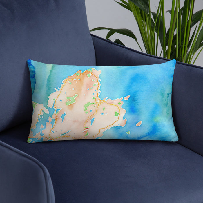 Custom Rockport Massachusetts Map Throw Pillow in Watercolor on Blue Colored Chair