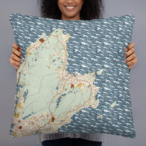 Person holding 22x22 Custom Rockport Massachusetts Map Throw Pillow in Woodblock