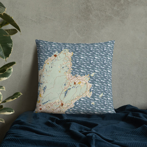 Custom Rockport Massachusetts Map Throw Pillow in Woodblock on Bedding Against Wall