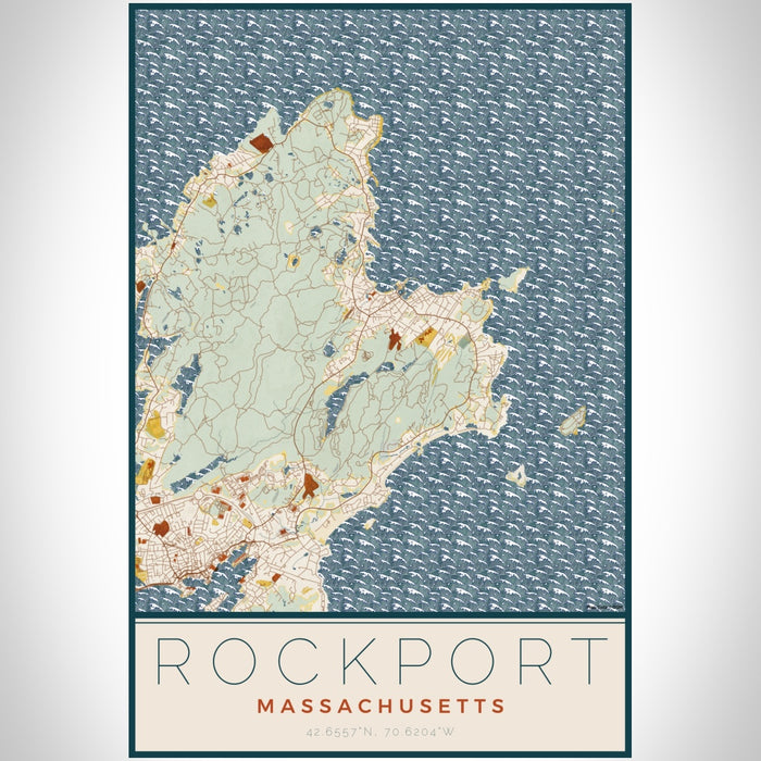 Rockport Massachusetts Map Print Portrait Orientation in Woodblock Style With Shaded Background
