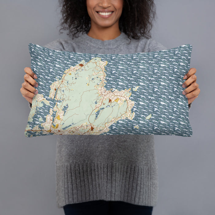 Person holding 20x12 Custom Rockport Massachusetts Map Throw Pillow in Woodblock
