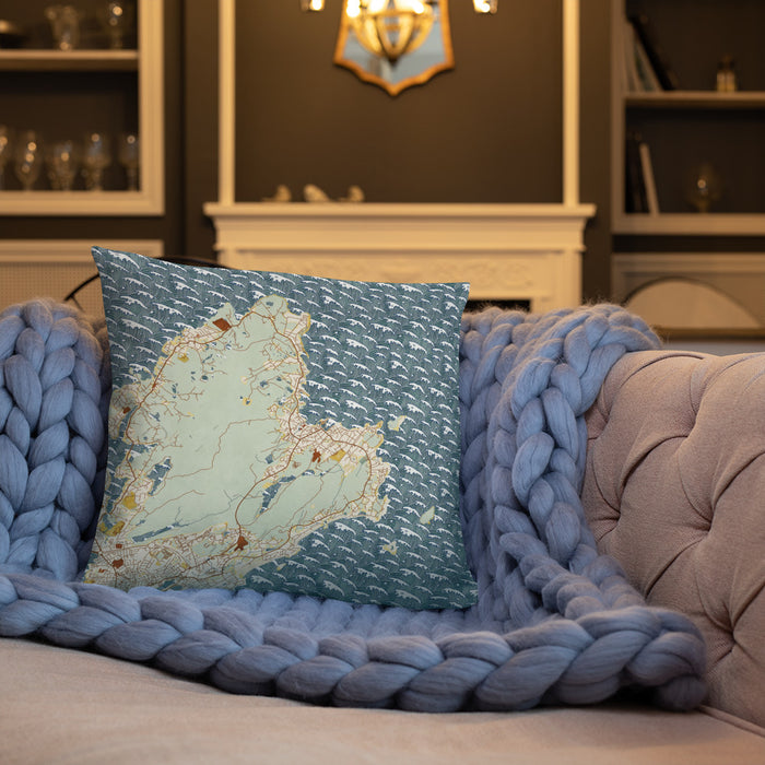 Custom Rockport Massachusetts Map Throw Pillow in Woodblock on Cream Colored Couch