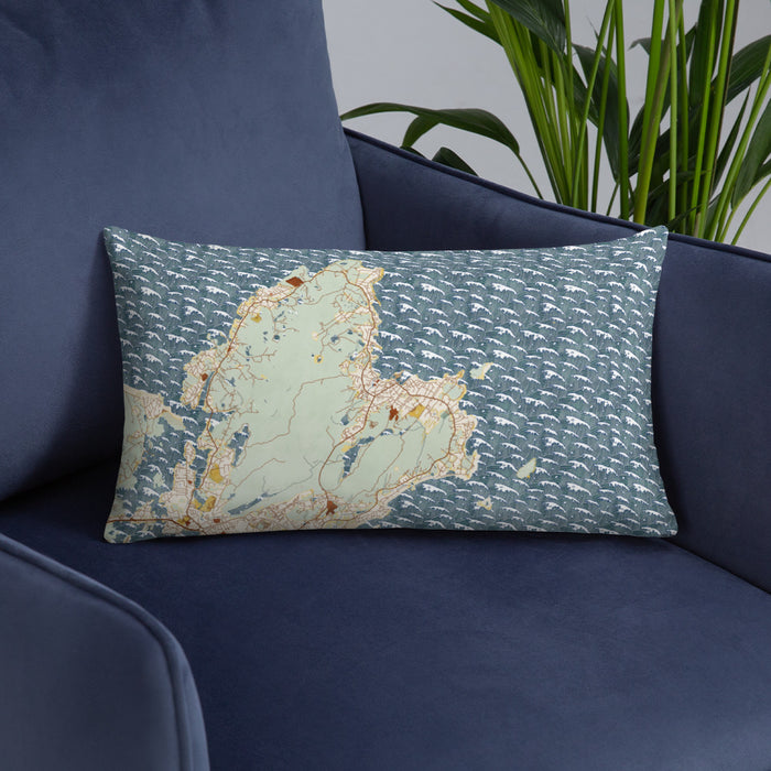 Custom Rockport Massachusetts Map Throw Pillow in Woodblock on Blue Colored Chair