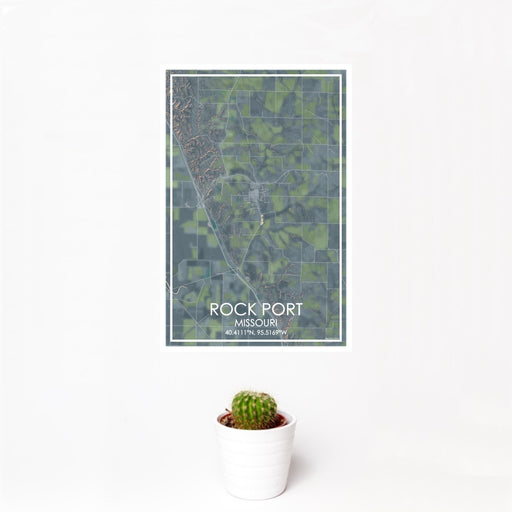 12x18 Rock Port Missouri Map Print Portrait Orientation in Afternoon Style With Small Cactus Plant in White Planter