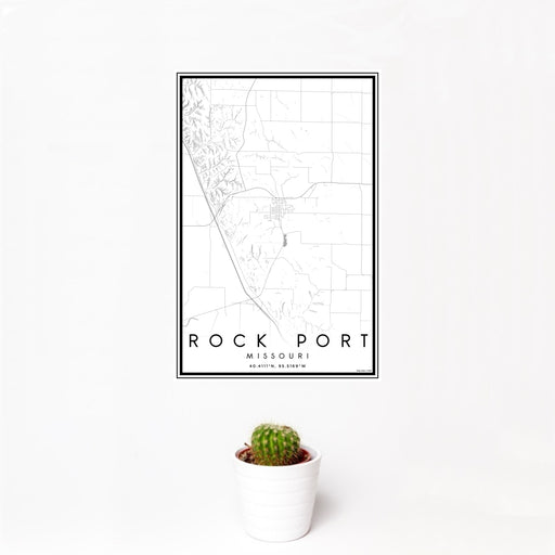 12x18 Rock Port Missouri Map Print Portrait Orientation in Classic Style With Small Cactus Plant in White Planter