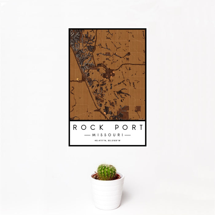 12x18 Rock Port Missouri Map Print Portrait Orientation in Ember Style With Small Cactus Plant in White Planter
