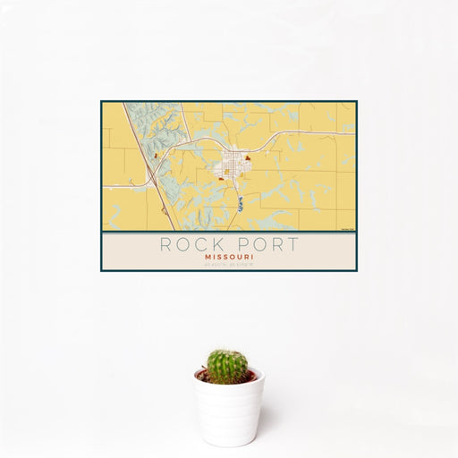 12x18 Rock Port Missouri Map Print Landscape Orientation in Woodblock Style With Small Cactus Plant in White Planter