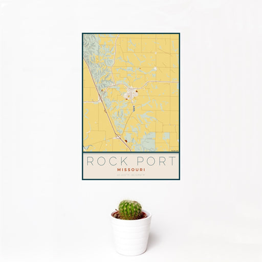 12x18 Rock Port Missouri Map Print Portrait Orientation in Woodblock Style With Small Cactus Plant in White Planter