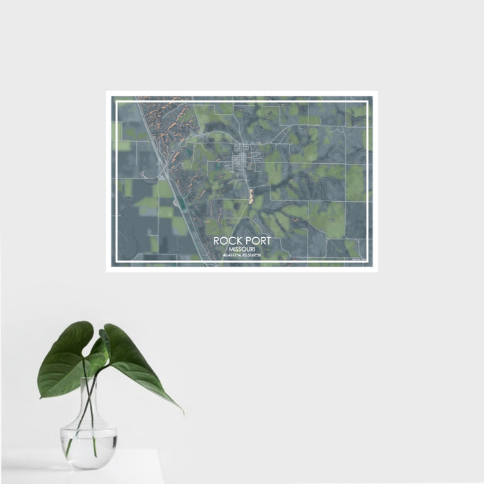 16x24 Rock Port Missouri Map Print Landscape Orientation in Afternoon Style With Tropical Plant Leaves in Water