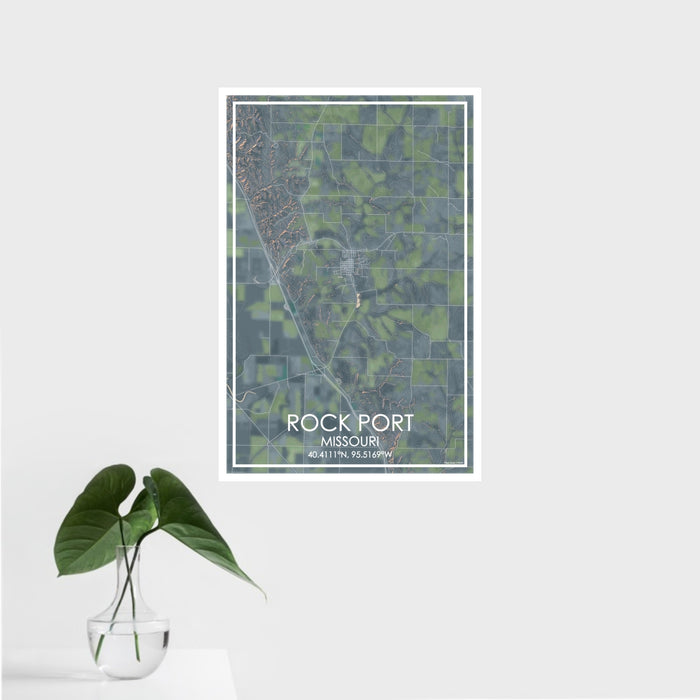 16x24 Rock Port Missouri Map Print Portrait Orientation in Afternoon Style With Tropical Plant Leaves in Water