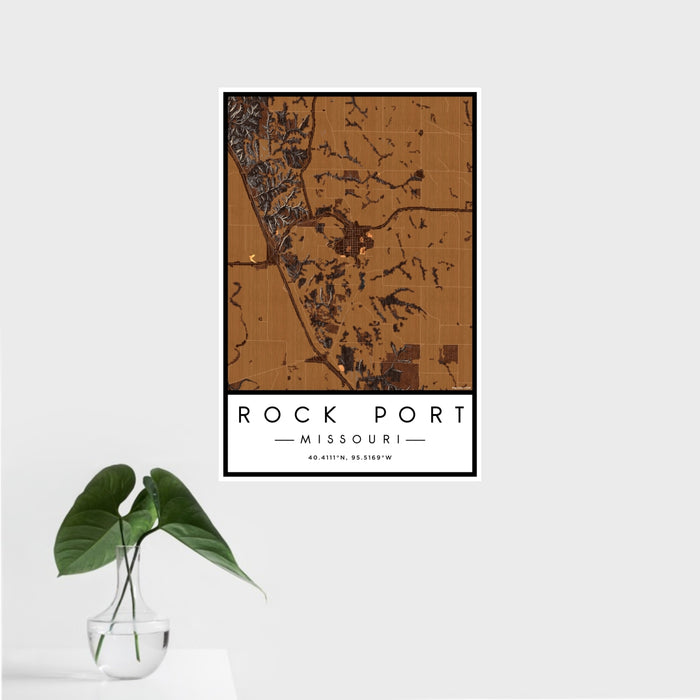 16x24 Rock Port Missouri Map Print Portrait Orientation in Ember Style With Tropical Plant Leaves in Water
