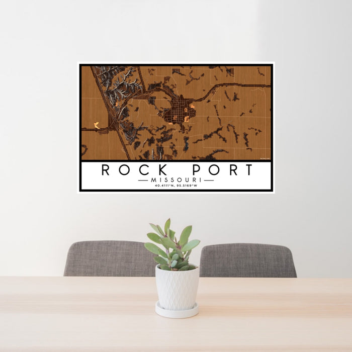 24x36 Rock Port Missouri Map Print Lanscape Orientation in Ember Style Behind 2 Chairs Table and Potted Plant