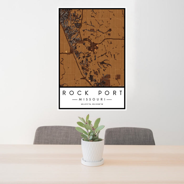 24x36 Rock Port Missouri Map Print Portrait Orientation in Ember Style Behind 2 Chairs Table and Potted Plant