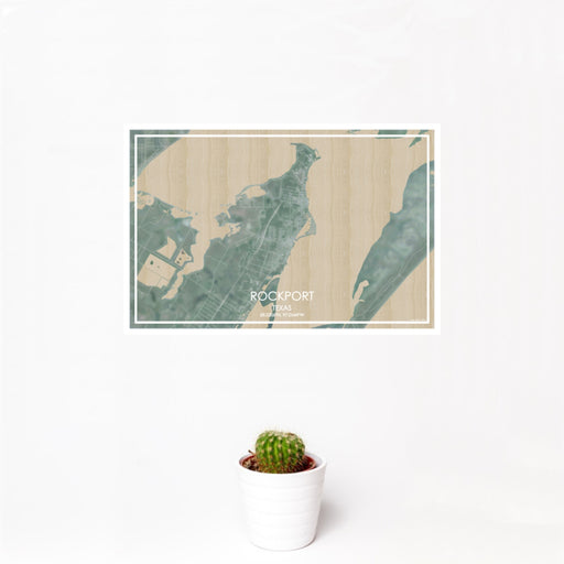 12x18 Rockport Texas Map Print Landscape Orientation in Afternoon Style With Small Cactus Plant in White Planter