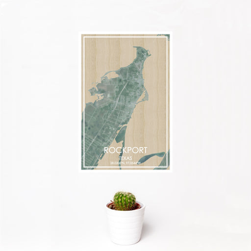 12x18 Rockport Texas Map Print Portrait Orientation in Afternoon Style With Small Cactus Plant in White Planter