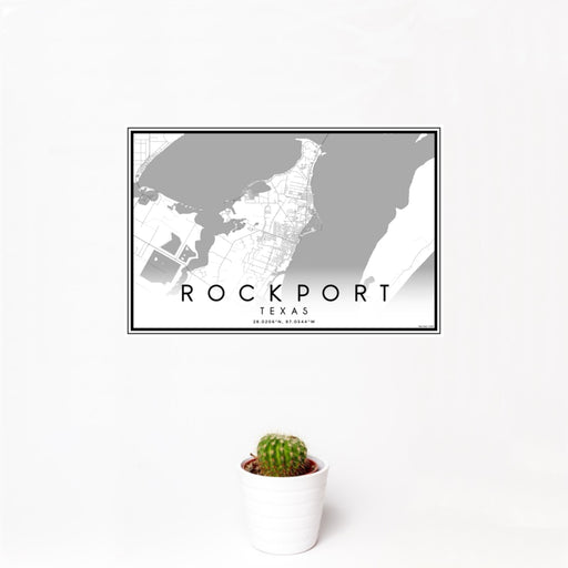 12x18 Rockport Texas Map Print Landscape Orientation in Classic Style With Small Cactus Plant in White Planter