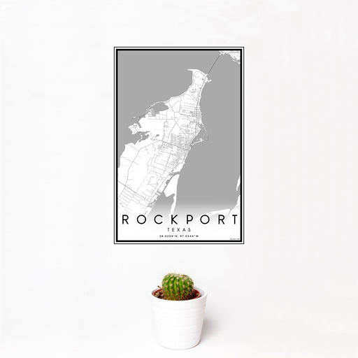 12x18 Rockport Texas Map Print Portrait Orientation in Classic Style With Small Cactus Plant in White Planter